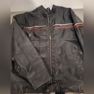 Mens Arizona Bomber Black Leather Jacket with Red Accents, Size Xl